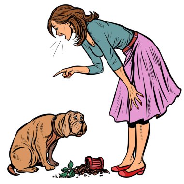 Kadın suçlu köpek kızıyor. Çiçek kırık çömlek izole beyaz arka plan üzerinde