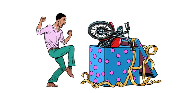 Afrikaanse Man en motorfiets holiday gift box, isoleren op witte achtergrond — Stockvector