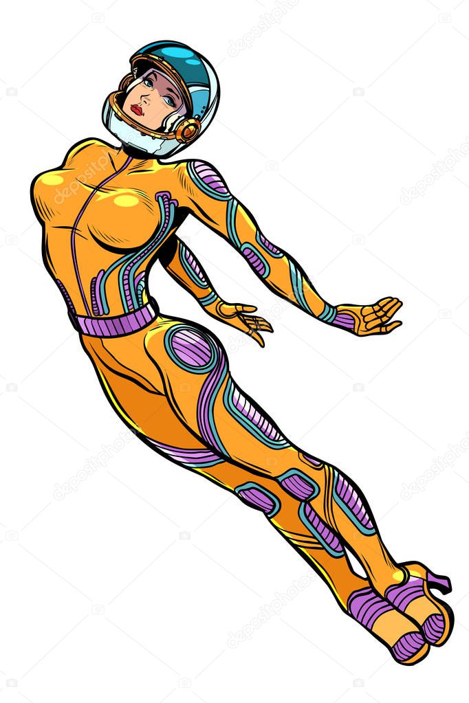 Sexy woman astronaut super hero, strong lady. Feminism female power