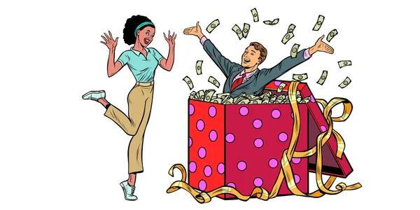 Geschäftsmann Ehemann viel Geld Urlaub Geschenkbox. Afrikanerin isoliert auf weißem Hintergrund — Stockvektor