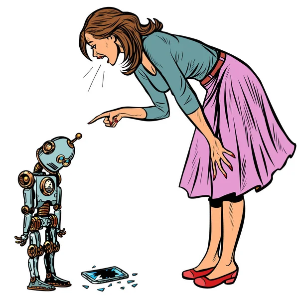 Robot broke the phone. Woman scolds guilty — Stock Vector