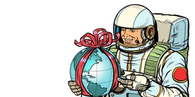 Dünya gün kavramı. Astronot bir hediye ile. Beyaz arka plan üzerinde izole