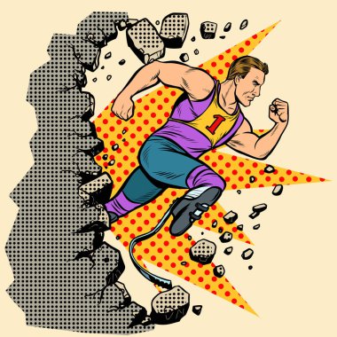 breaks the wall disabled runner with leg prostheses running forward. sports competition clipart