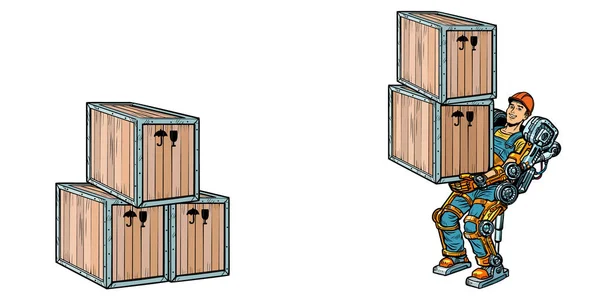 컨테이너 로드 합니다. 외 골격 외 골격에서 작동 하는 남자 — 스톡 벡터