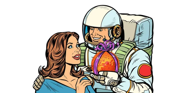 Verliefde paar. Astronaut geeft een vrouw Mars. isoleren op witte achtergrond — Stockvector