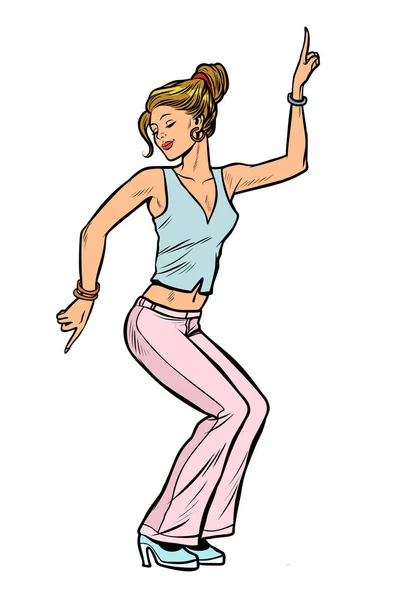 Chica en pantalones rosados. mujer disco dance isolate sobre fondo blanco — Vector de stock