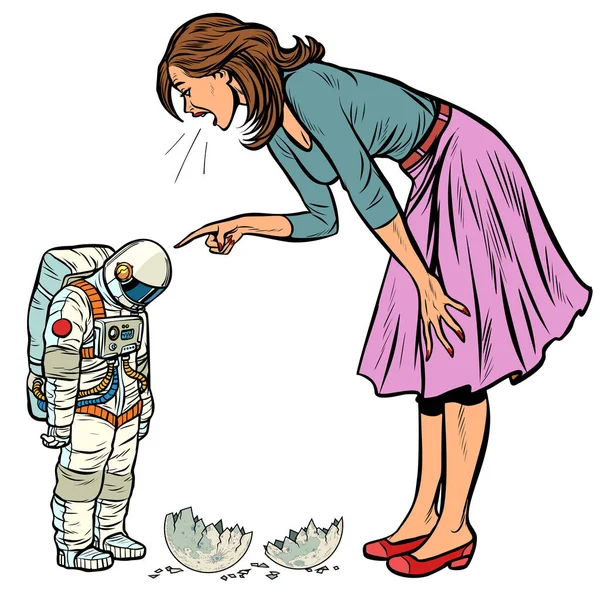 Woman scolds astronaut. The guilty destroyed moon isolate on white background — Stock Vector