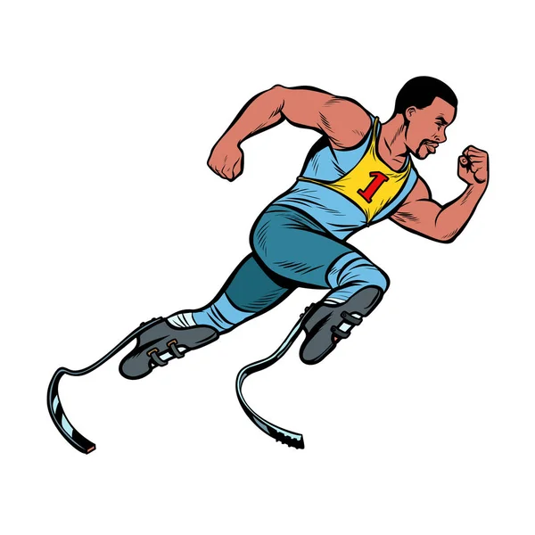 Corridore africano disabile con protesi alle gambe che corre in avanti. competizione sportiva — Vettoriale Stock