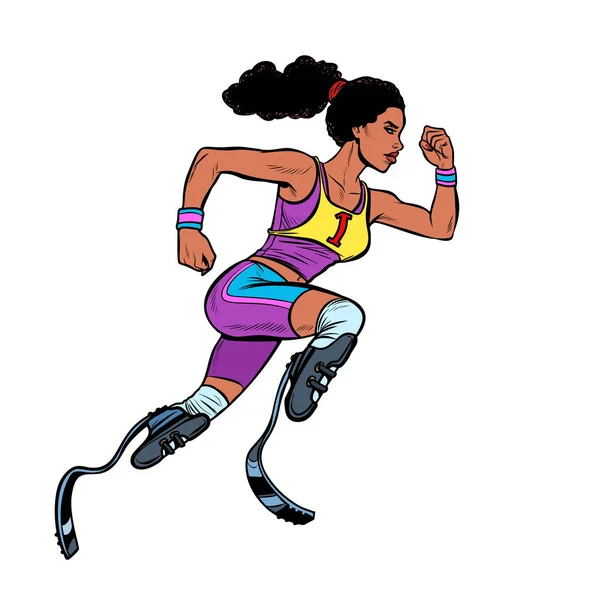 Mulher africana deficiente corredor com próteses de perna correndo para a frente. competição desportiva —  Vetores de Stock