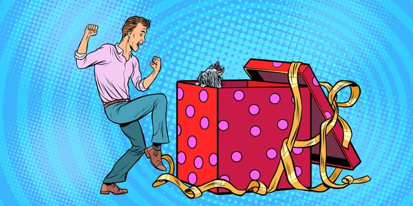 Człowiek i pies szczeniak jako pudełko na prezent wakacje, śmieszne reakcji radość — Wektor stockowy