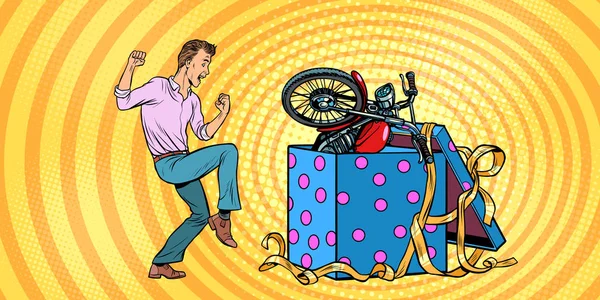 Hombre y moto caja de regalo de vacaciones, alegría reacción divertida . — Archivo Imágenes Vectoriales