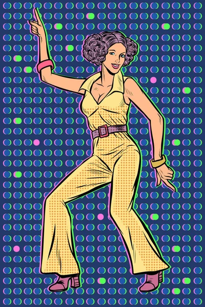 Chica en traje de pantalón. mujer disco dance — Vector de stock