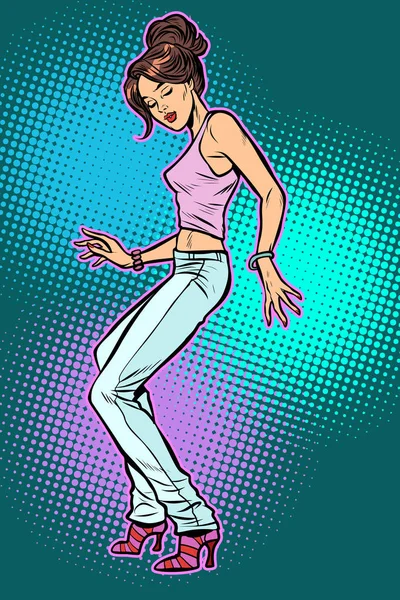 Chica en jeans. mujer disco dance — Vector de stock