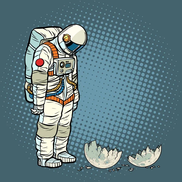 Astronauta culpable mira la luna arruinada — Vector de stock