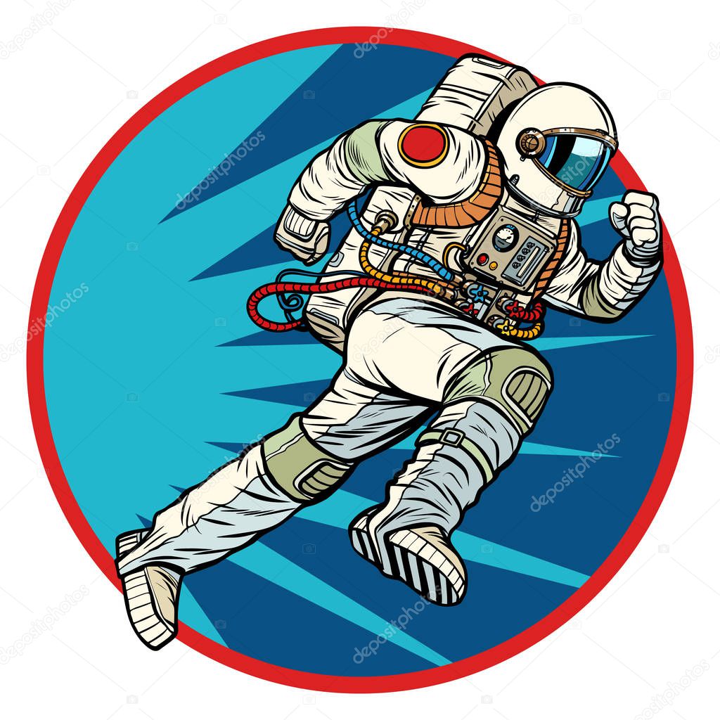 Astronaut runs forward round logo symbol icon. Pop art retro vector illustration vintage kitsch