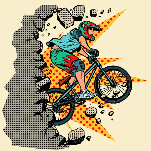 Cyclist extreme sports wall breaks — Stock Vector