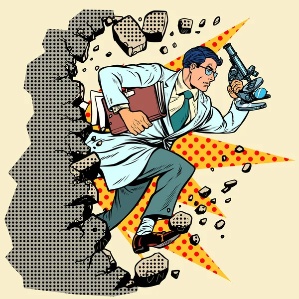 Scientist with microscope breaks a wall, destroys stereotypes — Stock Vector