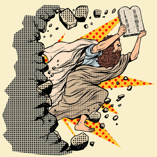 Moses with tablets of the Covenant 10 commandments breaks a wall, destroys stereotypes