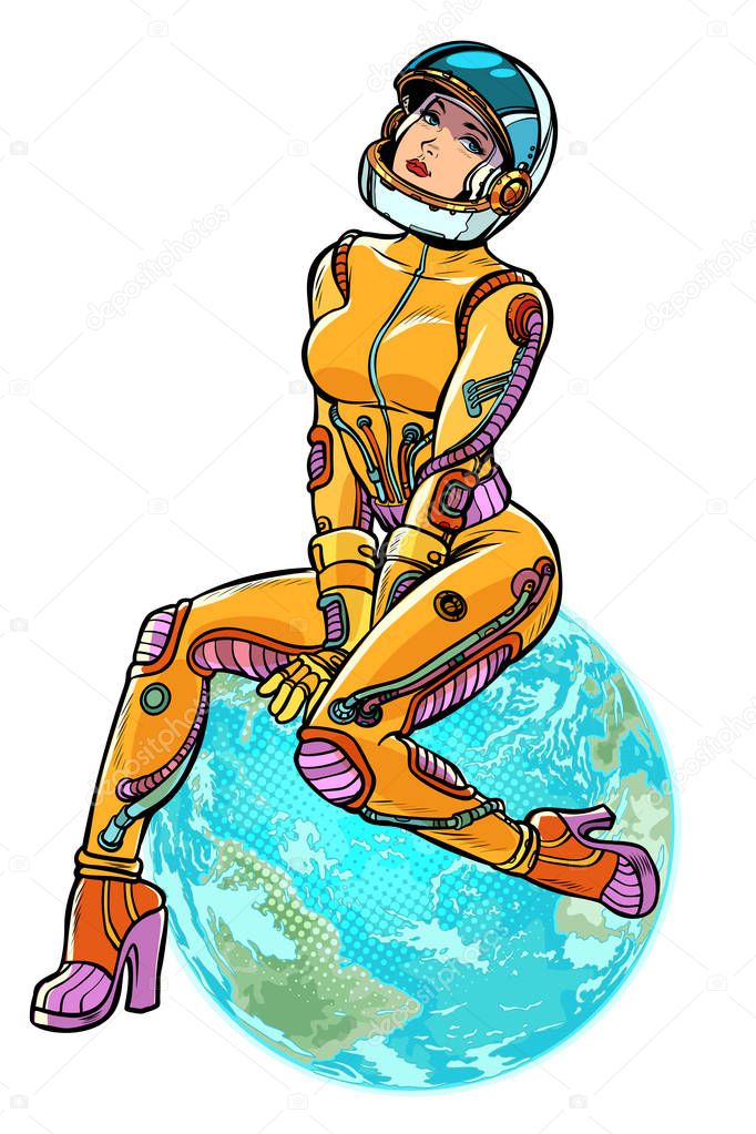 earth day. sexy beautiful woman astronaut isolate on white background