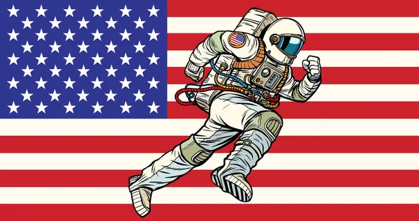 American astronaut patriot runs forward. USA flag — Stock Vector
