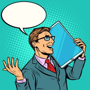 Çok büyük bir ekran, tablet ile telefonda konuşan işadamı. mizah Gadgets tekniği