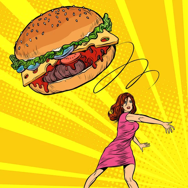 여자는 햄버거, 패스트 푸드를 던졌습니다. 다이어트와 건강 한 식습관 — 스톡 벡터