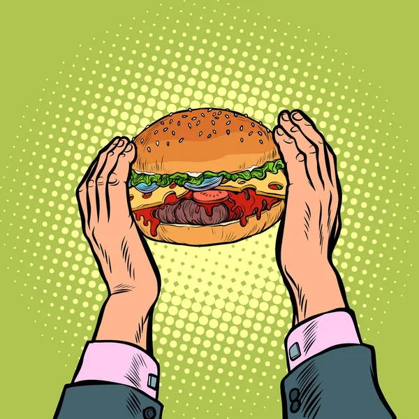 Ruce držící Burger. Restaurace Fast Food — Stockový vektor