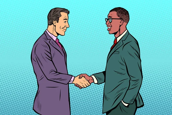 Hommes d'affaires africains et caucasiens poignée de main — Image vectorielle
