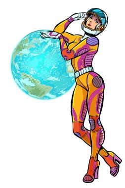 Dünya günü. seksi güzel kadın astronot izole beyaz arka plan üzerinde