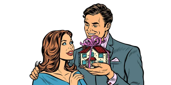 남편과 아내. 흰색 바탕에 선물을 분리 하는 집 — 스톡 벡터