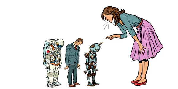 La mujer regaña a hombre de negocios, astronauta y robot — Vector de stock