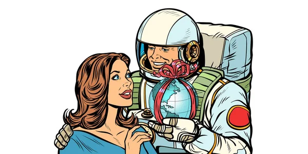 Пара влюблённых. Астронавт дает женщине Землю изолировать на белом фоне — стоковый вектор
