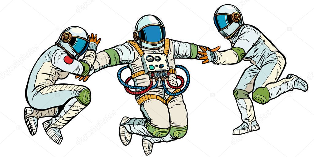 three astronauts in space in zero gravity isolate on white background