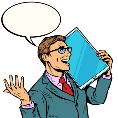 Çok büyük bir ekran, tablet ile telefonda konuşan işadamı. mizah Gadgets tekniği