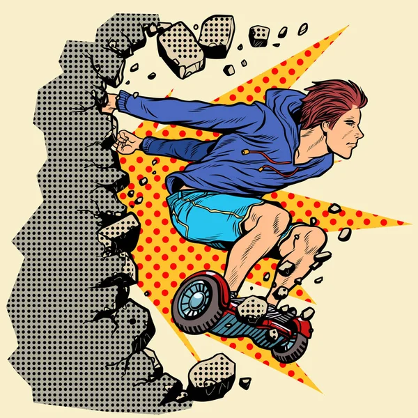 Adolescent extrême sur hoverboard brise le mur — Image vectorielle