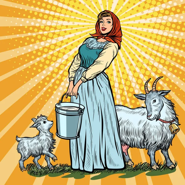 Una mujer del pueblo con cubo de cabras lecheras — Vector de stock