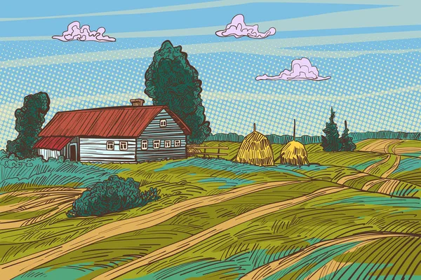 Paesaggio rurale autunno campo case di paese — Vettoriale Stock