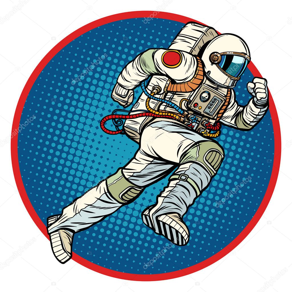astronaut runs forward round emblem