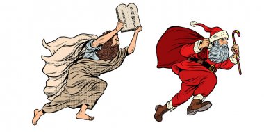 Moses and Santa Claus. Dispute old and new. Tradition versus secular clipart