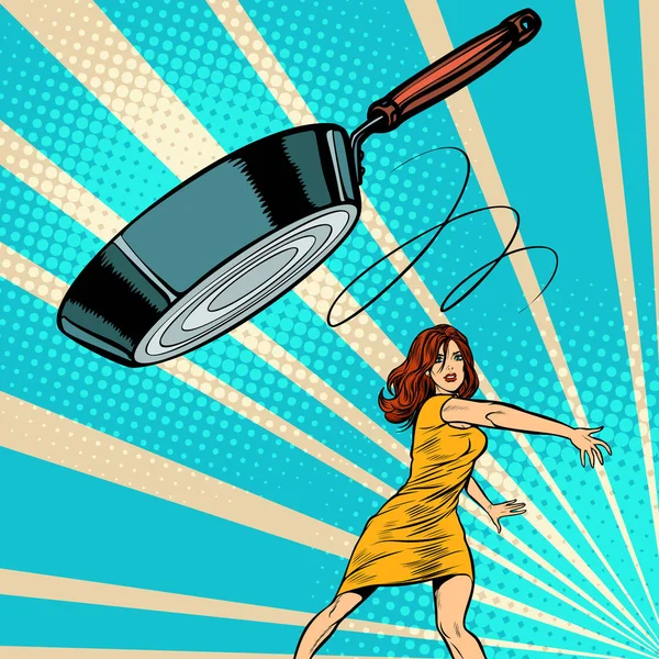 Woman throws a frying pan — 스톡 벡터