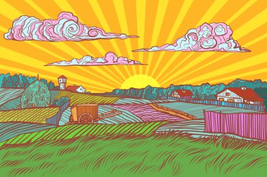 Pop art kırsal manzara güneş gündoğumu sabah