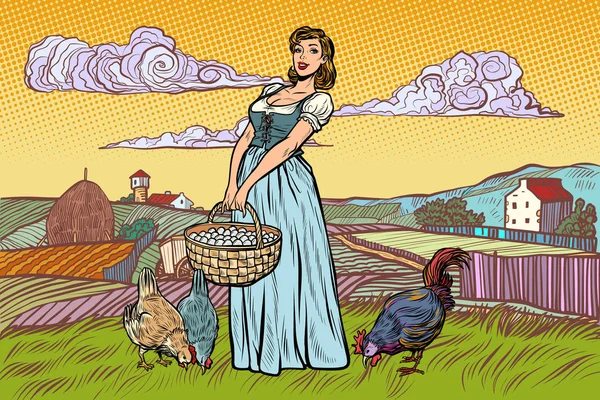 치킨 계란을 가진 시골 여자. 농장 풍경 — 스톡 벡터