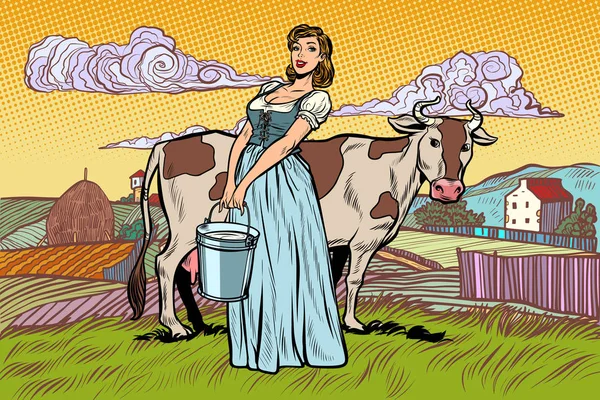 Mujer del pueblo con un cubo de leche de vaca. paisaje de granja — Archivo Imágenes Vectoriales