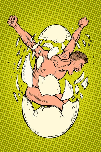 Conceber o nascimento dos homens, revolução e protesto, renascimento espiritual. Homem quebra cascas de ovos —  Vetores de Stock