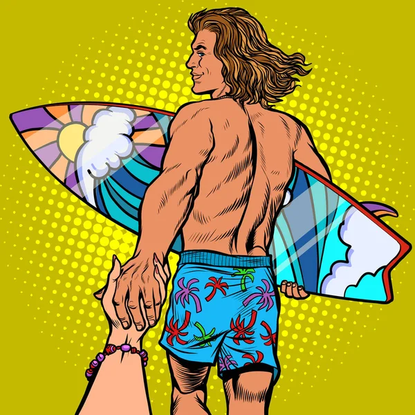 Suis-moi surfeur aux cheveux longs avec Board — Image vectorielle