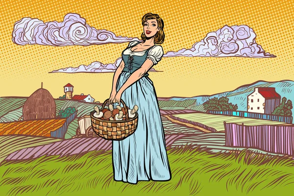 Femeie sat cu un coș de ciuperci — Vector de stoc