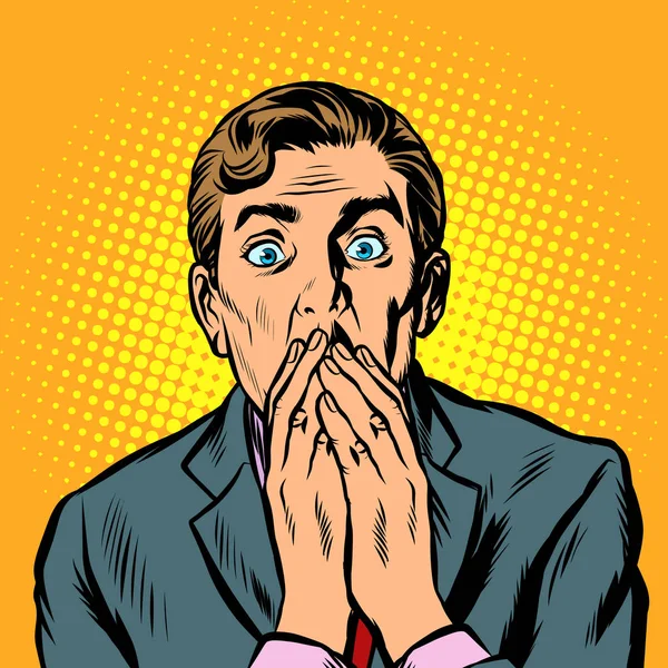 The surprised man covered his mouth with his hands — Stock Vector