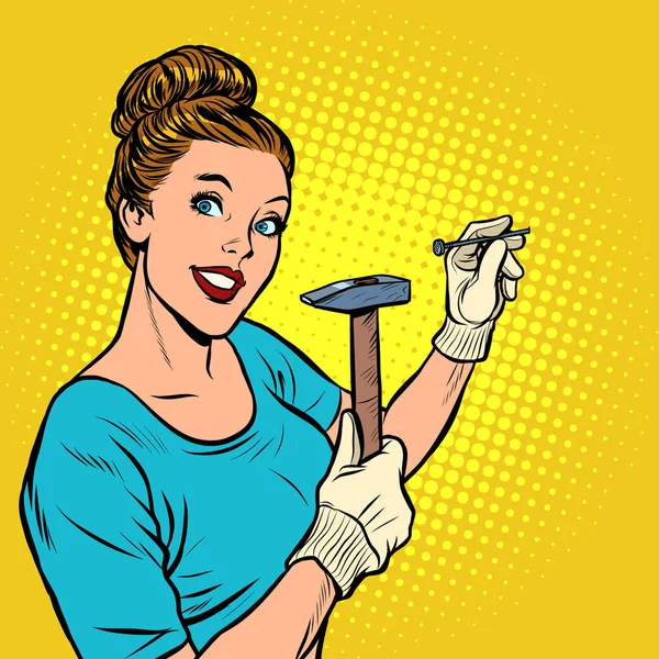 Woman hammering a nail — Stock Vector