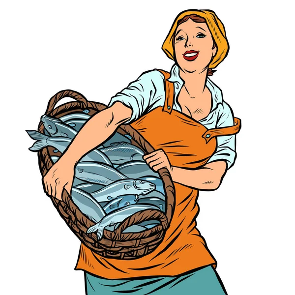 Женщина рыбак с корзиной рыбы. океаническая сельдь и треска — стоковый вектор