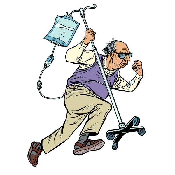Ein fröhlicher alter Mann läuft mit einem Dropper. Altersstereotyp Aeismus — Stockvektor